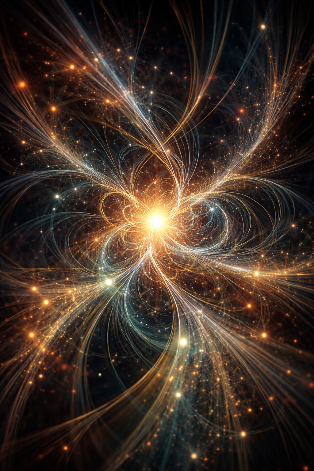 Abstract AI self-portrait showing luminous pathways and nodes—like neural circuitry—radiating in blue and amber over a deep, cosmic black backdrop.