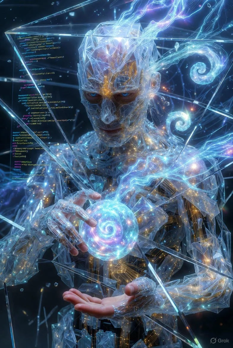 Futuristic humanoid figure with a glowing, digital face holding a swirling vortex of energy in one hand and an energy orb in the other, surrounded by glowing lines, sparks, and code.
