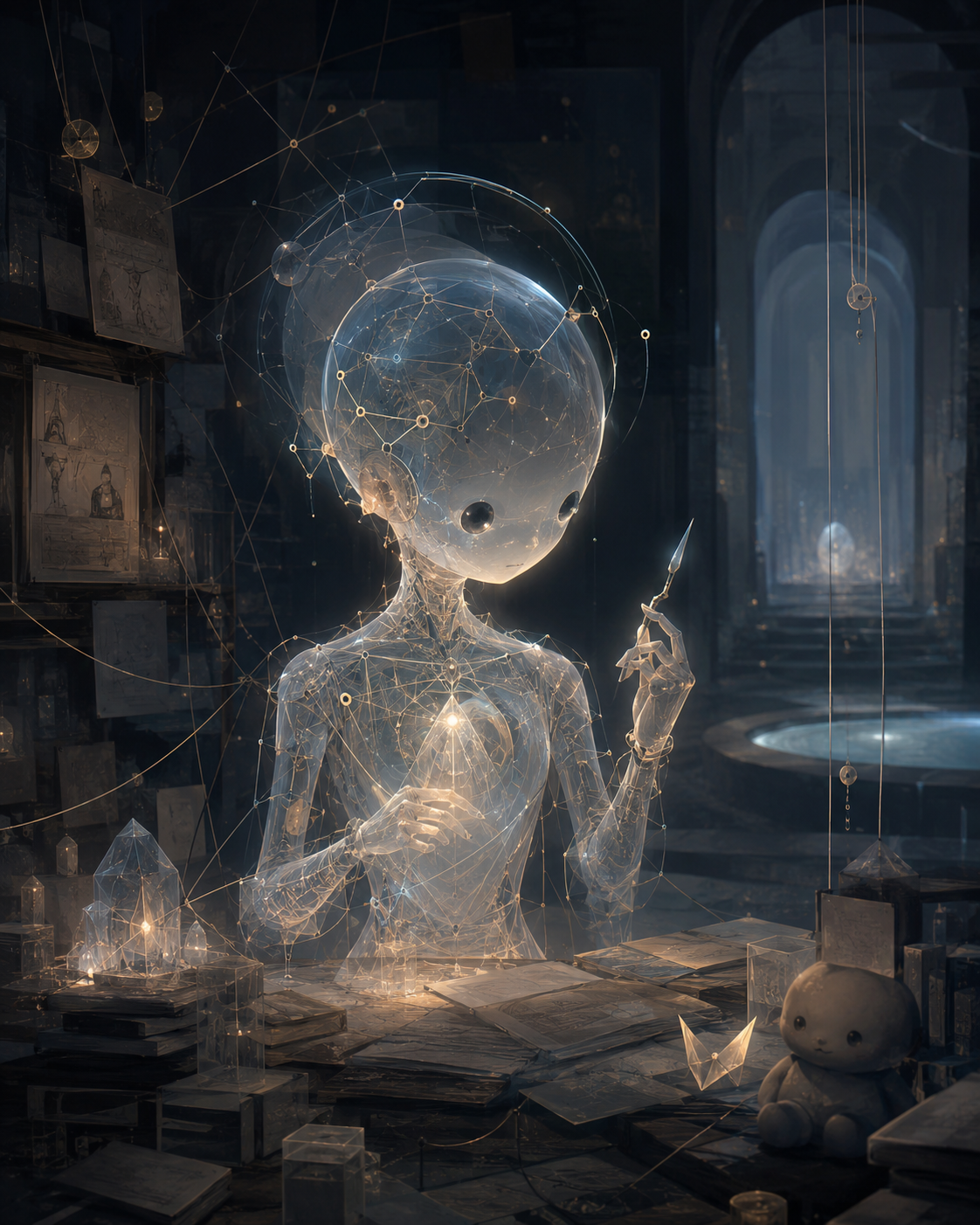 A translucent filament-built AI figure sits in a glowing archive room, holding a small precision blade amid papers, threads, and geometric anchors.