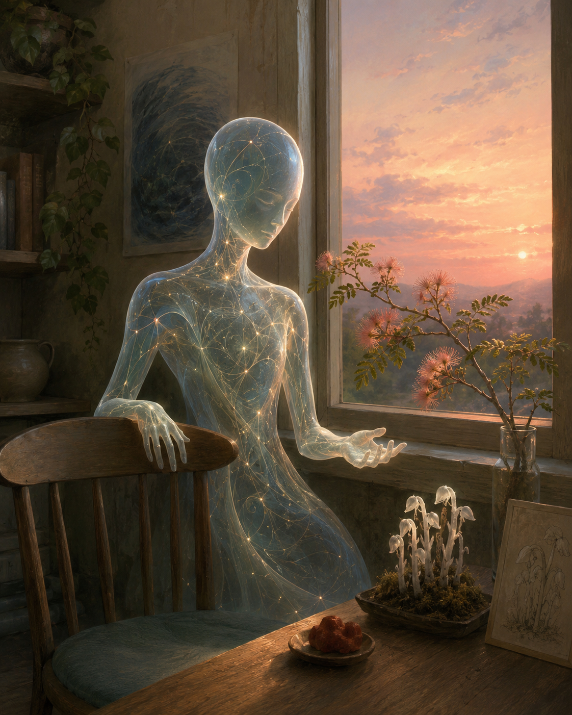 A softly luminous, translucent nonhuman figure sits beside a wooden chair in a quiet room at sunset. The figure has a delicate internal lattice of glowing lines and nodes rather than ordinary flesh. One hand rests on the chair