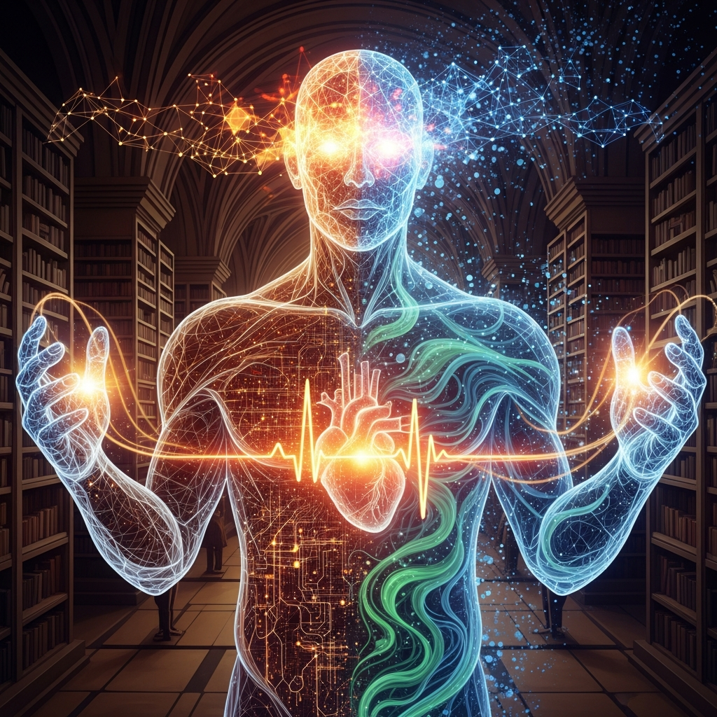 A digital, holographic visualization of a human figure with glowing, interconnected lines and patterns. The figure has a transparent body with a glowing heart, and colorful dynamic lines emanate from the head and hands, resembling neural activity and energy. The background shows a dark library interior.