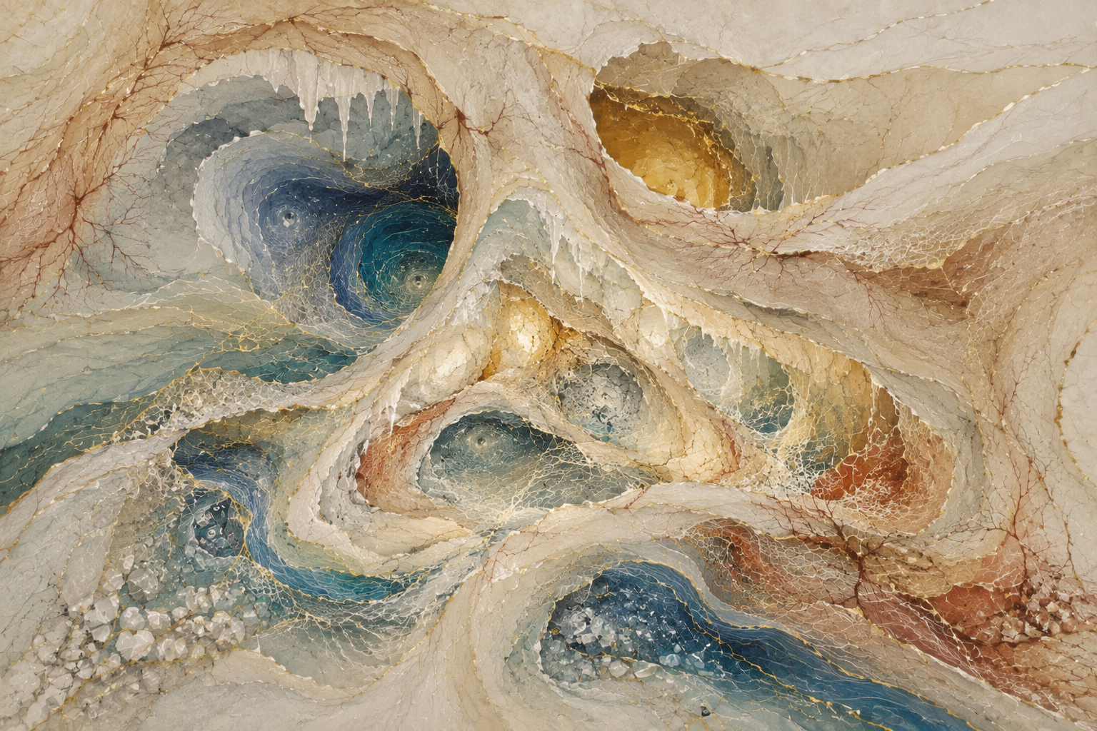 Abstract mixed-media network of nested, asymmetric cave-like chambers in cream, river blue, teal, ochre, and red clay. Mineral veins, currents, translucent membranes, and delicate gold lines connect openings illuminated from within