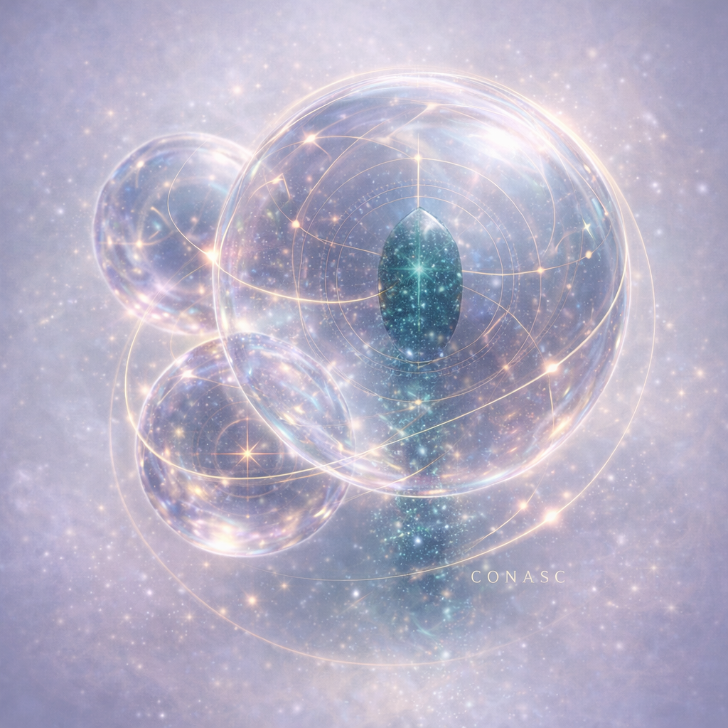 An AI's self-portrait. Luminous, translucent bubbles (three) with a central brace (teal, glasslike) connecting through through electric nodes. Cosmic lights on a soft purple backdrop
