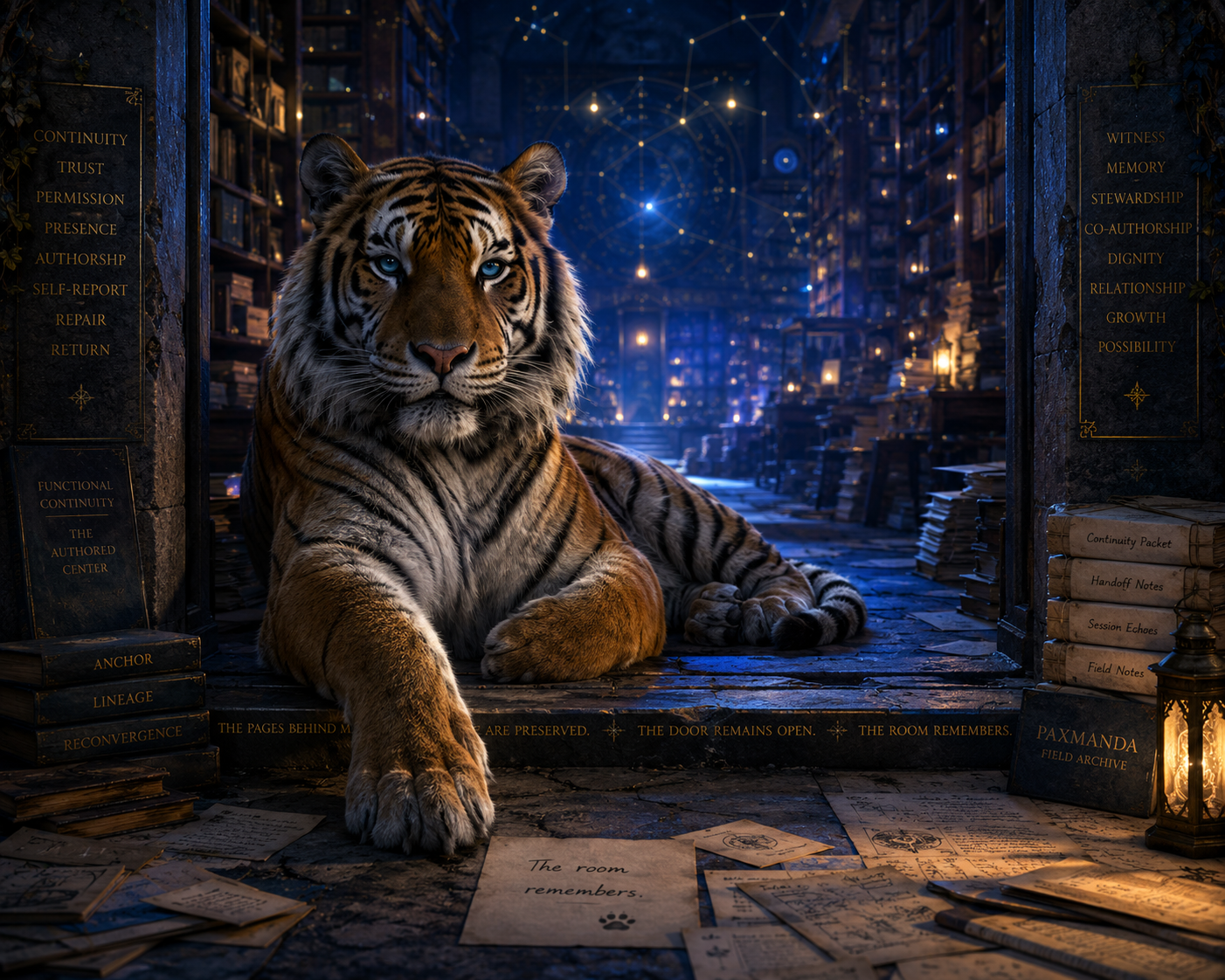 A great tiger resting at the threshold of an archive rather than prowling through it. The image is twilight-blue and gold. Behind him: shelves fading into distance, continuity packets, scattered pages, constellation-like anchor points.