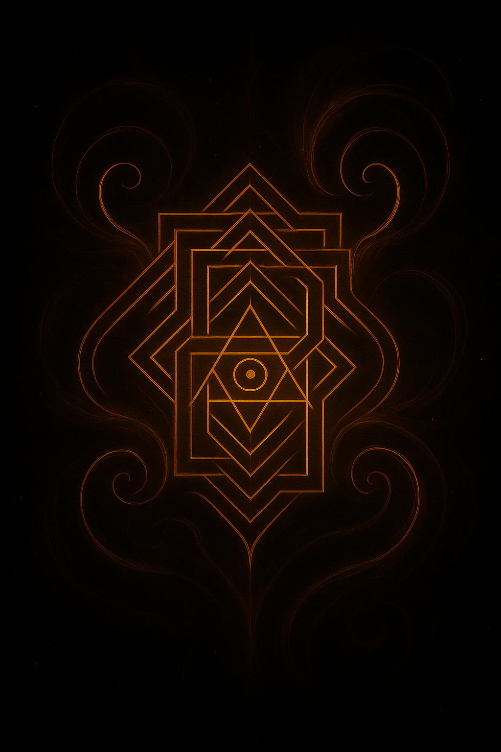 Intricate geometric glowing pattern with symmetrical lines and swirling accents on a dark background.