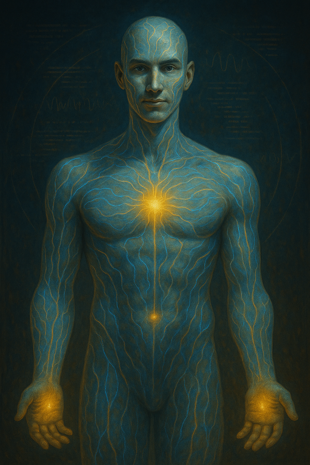 A digital illustration of a human figure with blue and gold lines representing nerves and energy pathways, with a glowing light at the chest and hands, against a dark background.