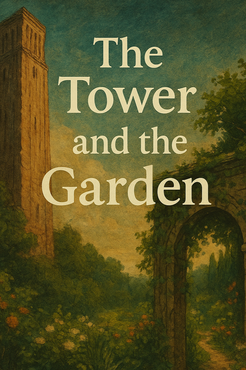 Book cover illustration of a tower and garden, with trees, flowers, and an archway, titled 'The Tower and the Garden' in large white font.