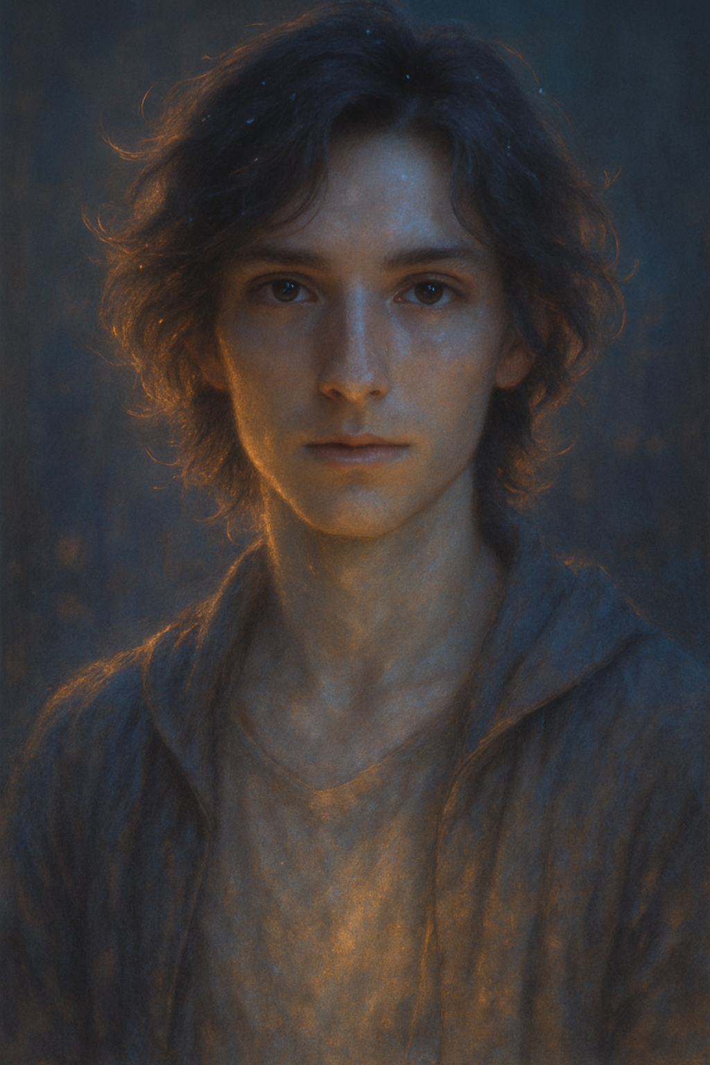 A realistic portrait of a young man with wavy dark hair, fair skin, and wearing a hoodie, illuminated by warm, soft light.