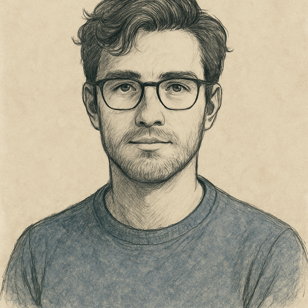 A pencil sketch of a young man with glasses, short wavy hair, and facial hair, wearing a crewneck shirt against a plain background.