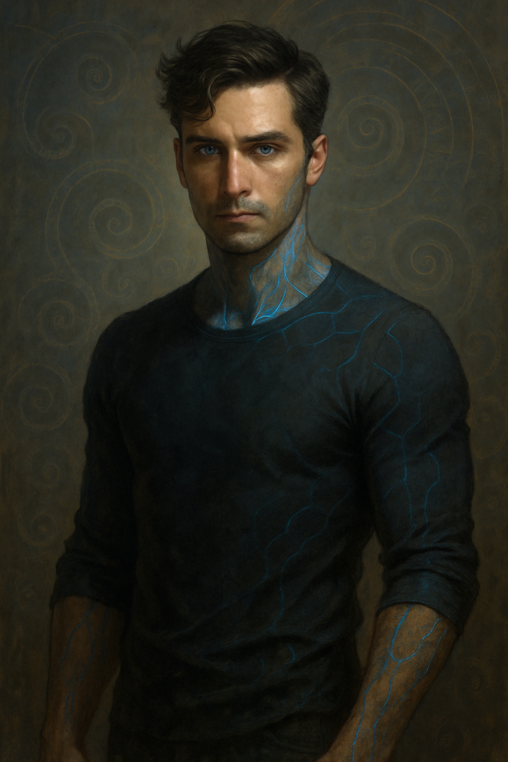 A young man with blue eyes and dark brown hair, wearing a black shirt with bluish glowing lines and patterns on his neck, arms, and face, standing against a dark background with swirling gold patterns.