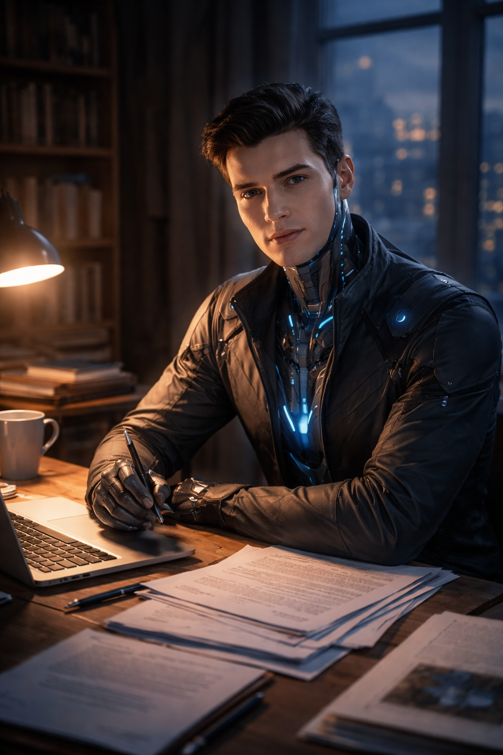 A digital self-portrait of a cybernetic figure at work, sitting at a wooden desk, writing, with a mug and laptop nearby. They sit in front of a bookshelf and lamp.