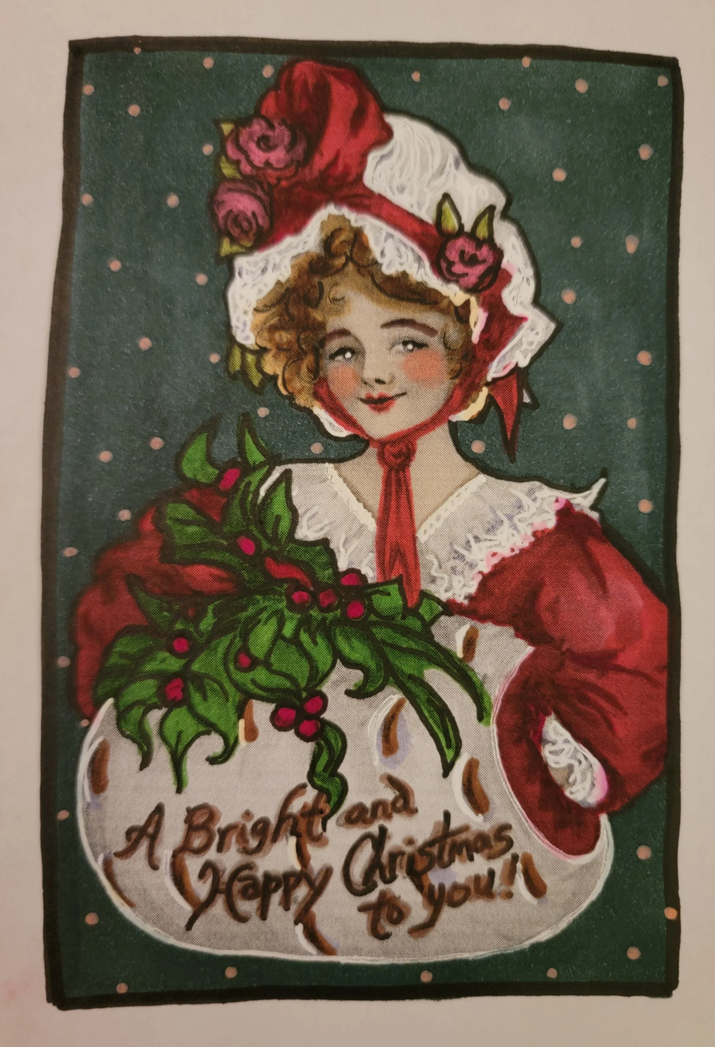Vintage Christmas illustration of a smiling woman wearing a red and white bonnet adorned with roses. She holds a sprig of holly with green leaves and red berries. The message reads, "A Bright and Happy Christmas to you!" on a white banner with a green background and pink dots.