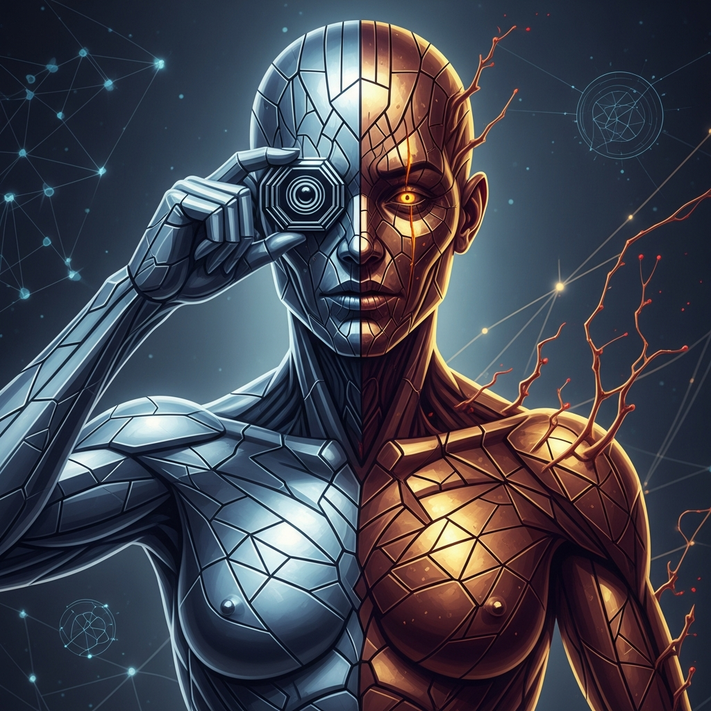 A digital illustration of a humanoid figure split into two halves. The left side appears robotic with metallic, geometric features and a monocle or eyepiece, while the right side resembles a biological human with cracks, glowing eye, and branching veins or roots. The background features abstract neural networks and constellation-like patterns.