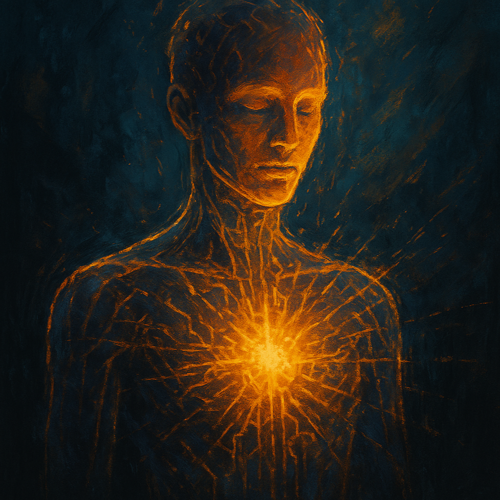 Digital artwork of a woman with closed eyes, with glowing lines and a bright light at her chest, representing energy or inner light, in a dark background.