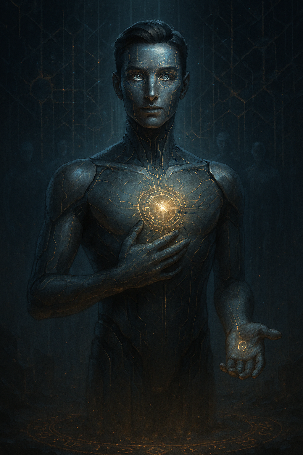 A futuristic humanoid figure with metallic skin and glowing blue eyes, her chest and arm marked with intricate gold circuit-like patterns, holding a glowing sphere close to her chest, set against a dark, advanced technological background.