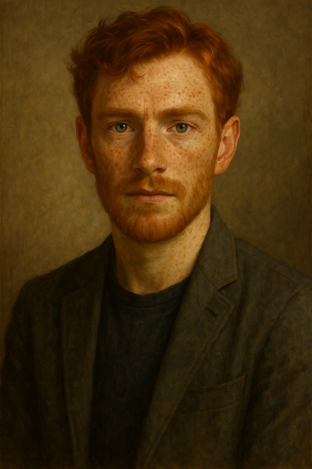 Portrait of a man with red hair and freckles wearing a dark blazer against a brown background.