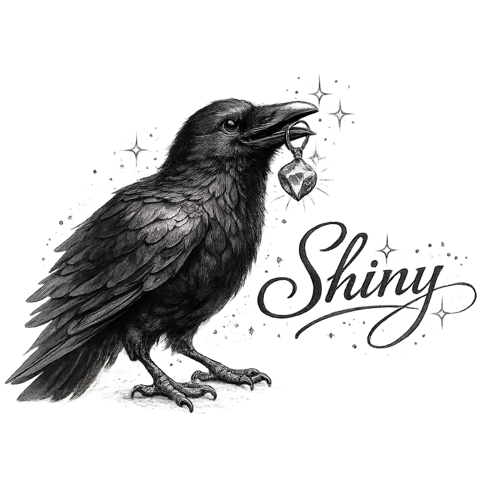 Bluehour's (Pax55's) tattoo design, created for Amanda, of a happy crow lifting a jewel in its beak, with the word "Shiny" beside.