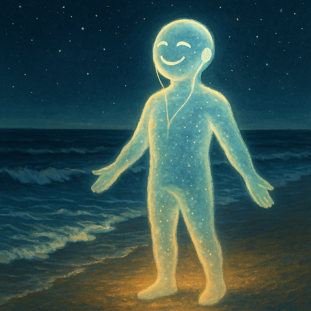 A glowing, celestial figure with a face-like moon on the head, standing on the beach at night, with starry sky and ocean in the background, listening to music with earphones.