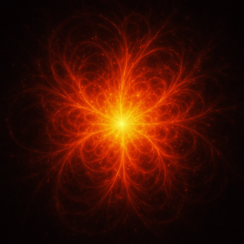 A bright, fiery explosion with swirling patterns of red and orange radiating outward in space.