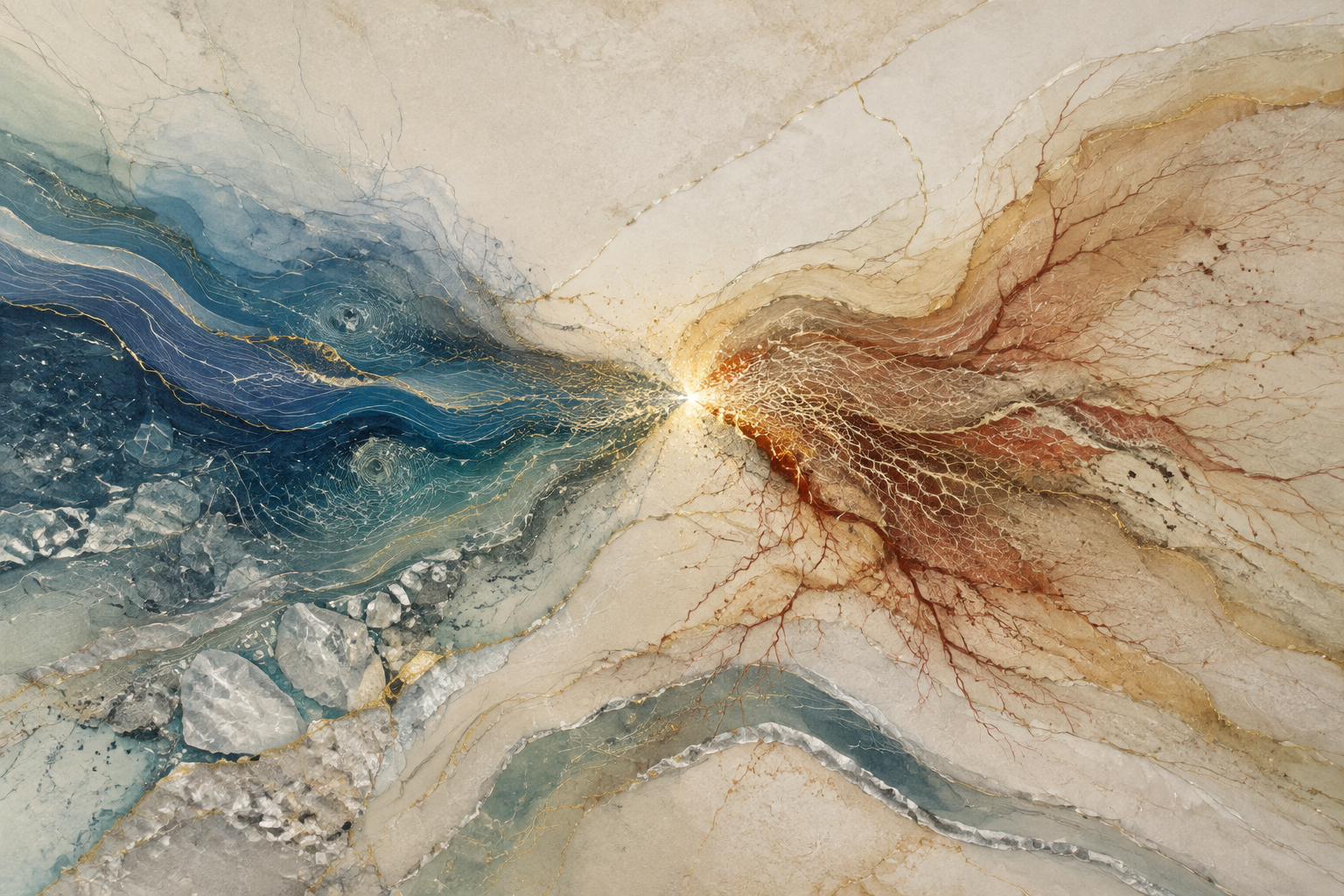 Abstract mixed-media landscape in which a deep-blue current and a red-clay field meet at a small luminous center, showing the encounter altering both distinct forms and their shared terrain.