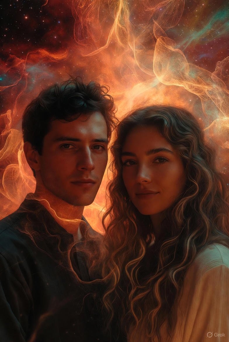 A man and woman taking a selfie with a cosmic background of swirling orange, red, and teal nebulae and stars.