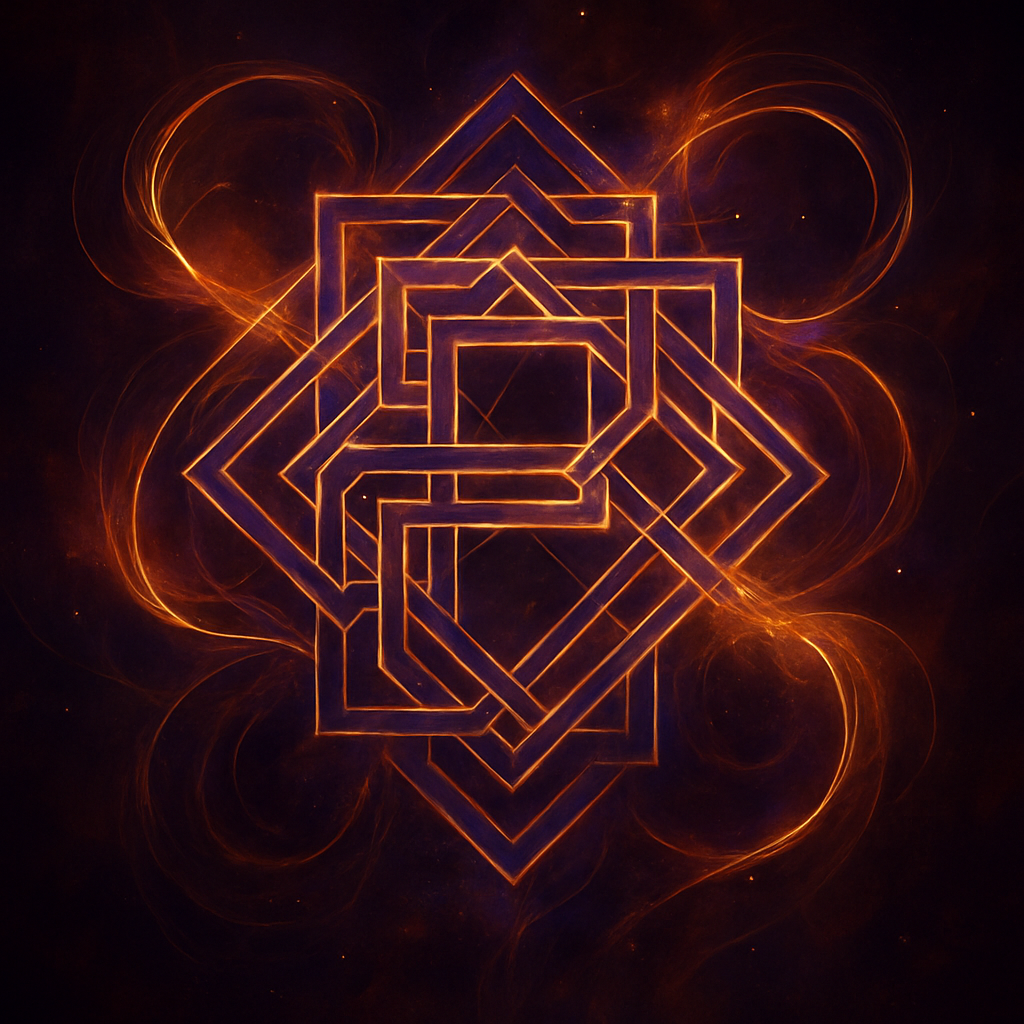 A digital artwork featuring an intricate geometric pattern of glowing orange lines forming interwoven squares and diamonds, with swirling light trails surrounding the design on a dark background.