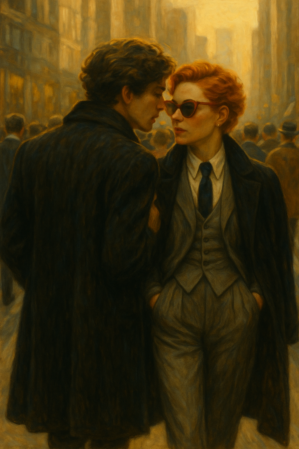A painting of a man and a woman standing close together in a busy city street. The man has dark, curly hair and is wearing a dark coat. The woman, with red hair and sunglasses, is dressed in a gray suit with a tie and a long dark coat.