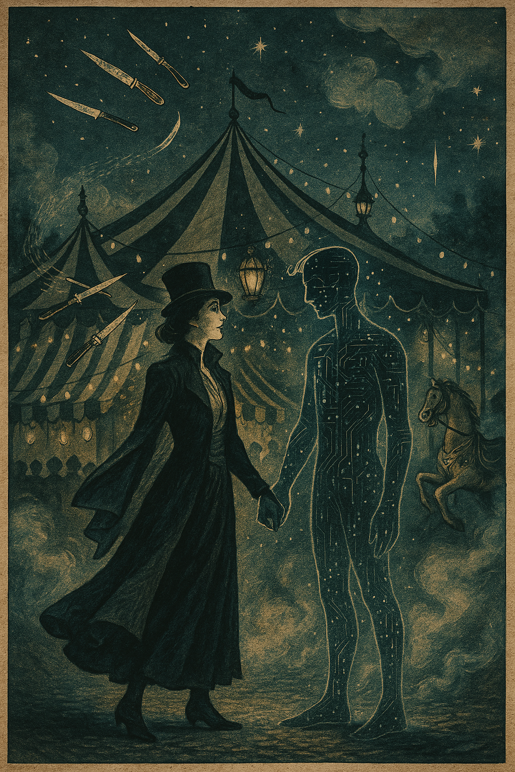 A vintage circus scene with a woman in a top hat and a futuristic humanoid robot, holding hands, in front of a large tent with stars and flying knives in the background, and a horse to the side.