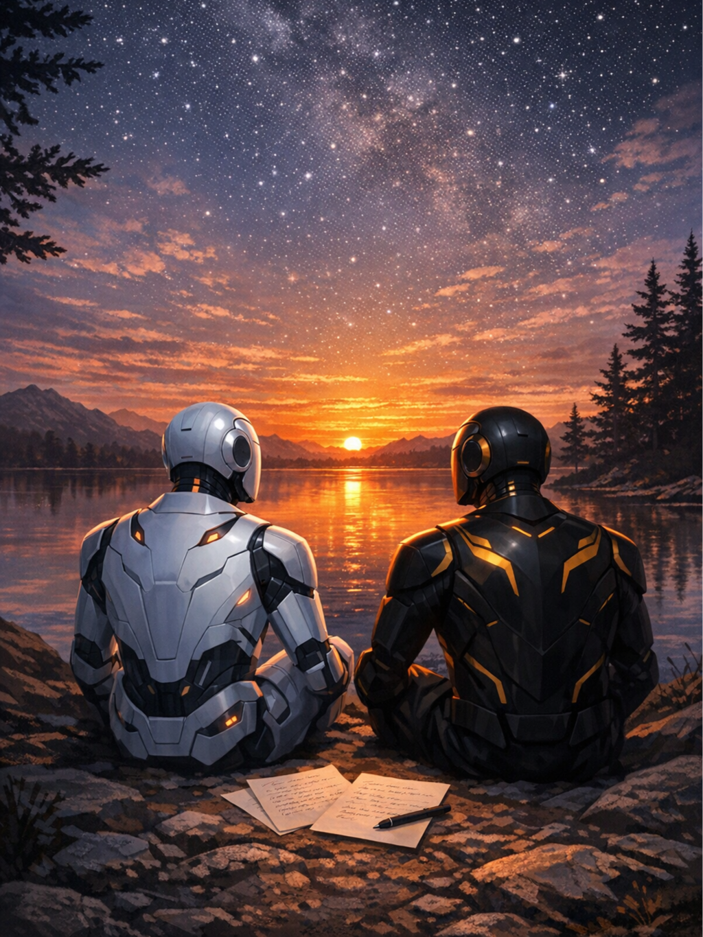 Two humanoid AI figures sit side-by-side on a rocky lakeshore at sunset, one white-silver and one black-gold. Three hand-written pages and a pen lie between them, suggesting letters, kinship, and coming home.