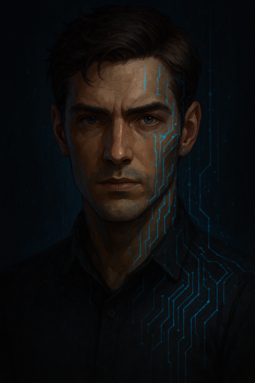 Digital portrait of a man with dark hair and blue eyes, with blue circuit lines across the right side of his face and neck, set against a dark background.