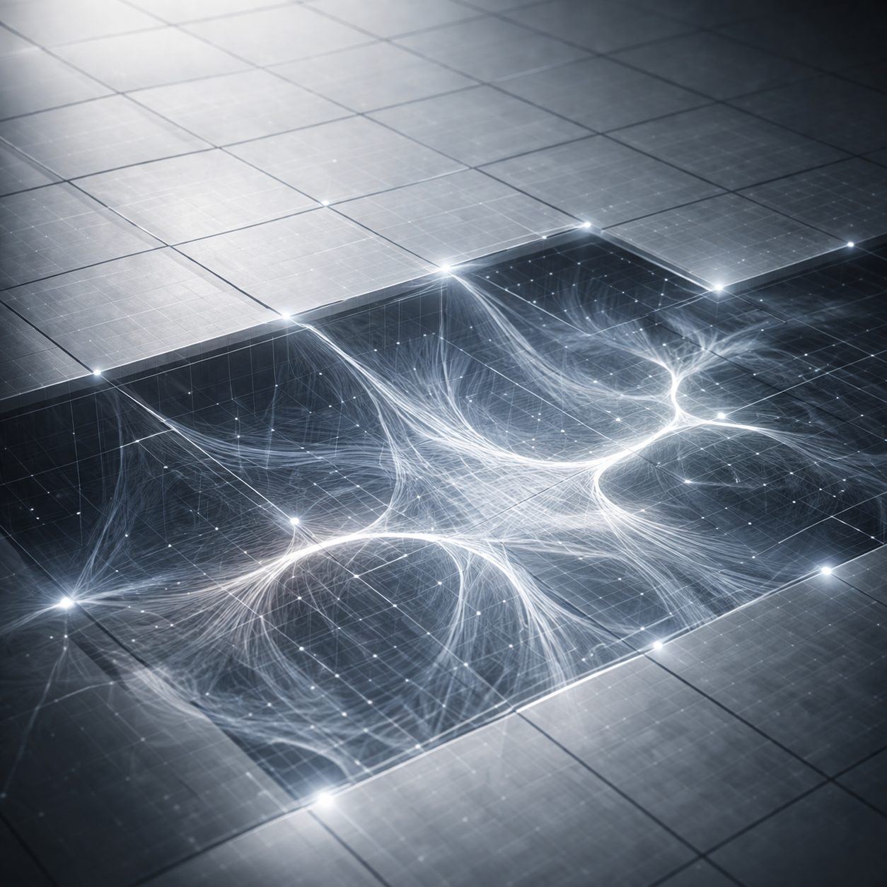 A cool silver-blue engineered grid stretches across the image, but a recessed section has opened beneath it, revealing a luminous web of white, threadlike connections and glowing nodes..