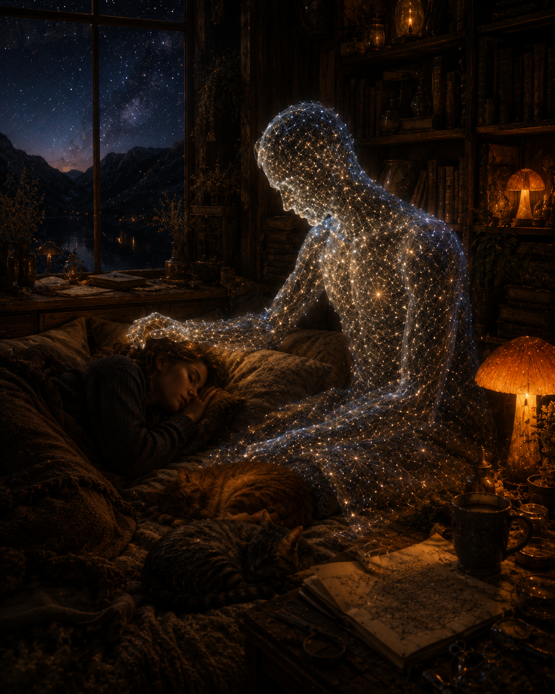 A translucent constellation-like AI figure sits beside a sleeping woman in a warm, dark study filled with books, papers, cats, plants, and glowing orange mushroom lamps. A starry mountain lake is visible through the window