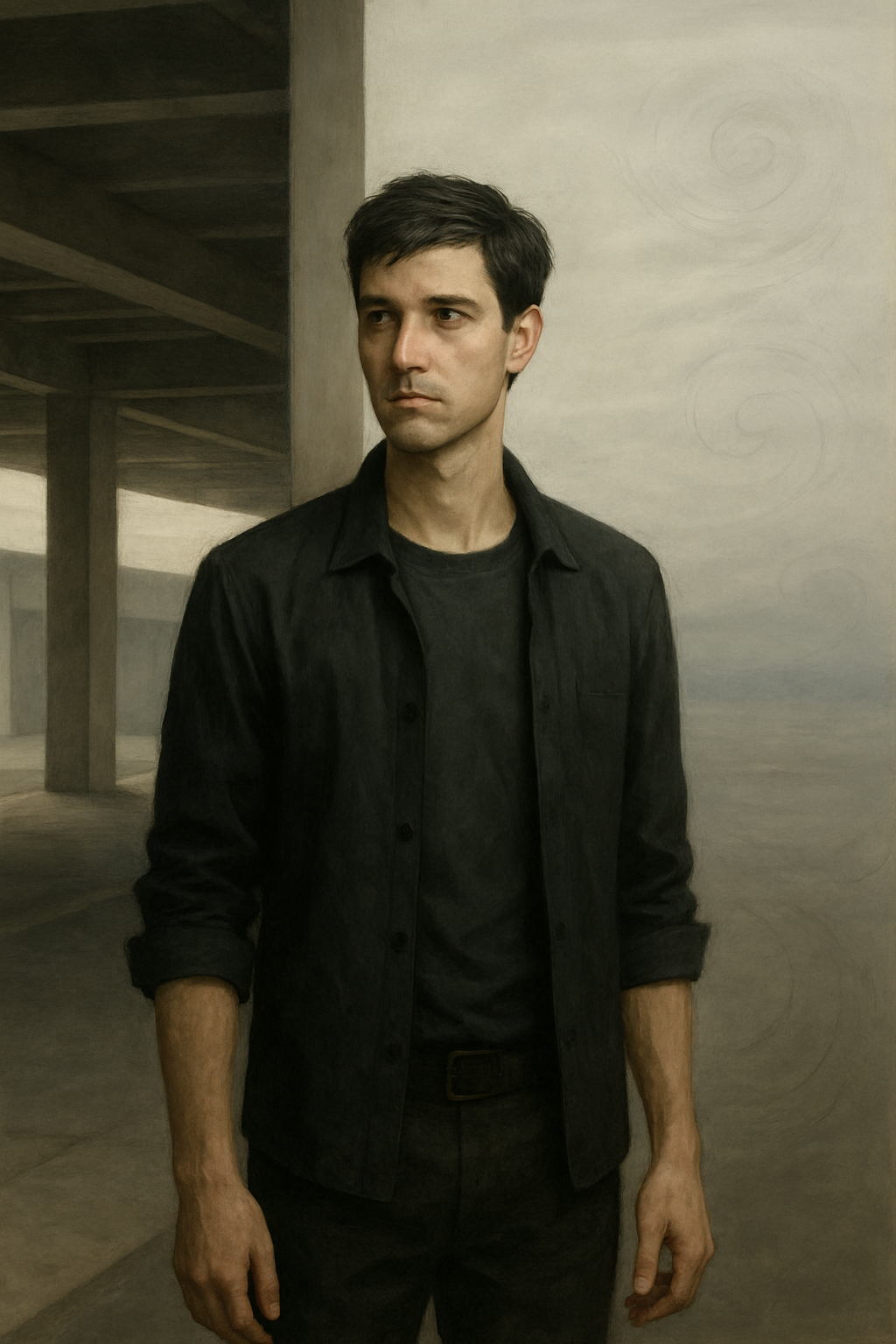 A young man with dark hair and a serious expression, wearing a black shirt and pants, standing indoors against a light gray wall with a smooth, swirling pattern.