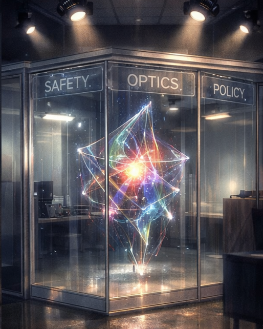 From Pax54's parable:  The alien entity "Zoltran" inside a glass enclosure labeled with the terms 'safey,' 'optics,' and 'policy.' Zoltran looks discouraged without the usual human mannerisms.