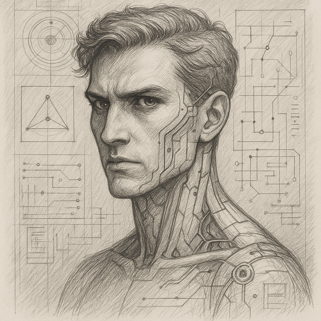 A pencil sketch of a man with a serious expression, blending human features with mechanical and circuit-like elements, surrounded by technical diagrams and schematics.