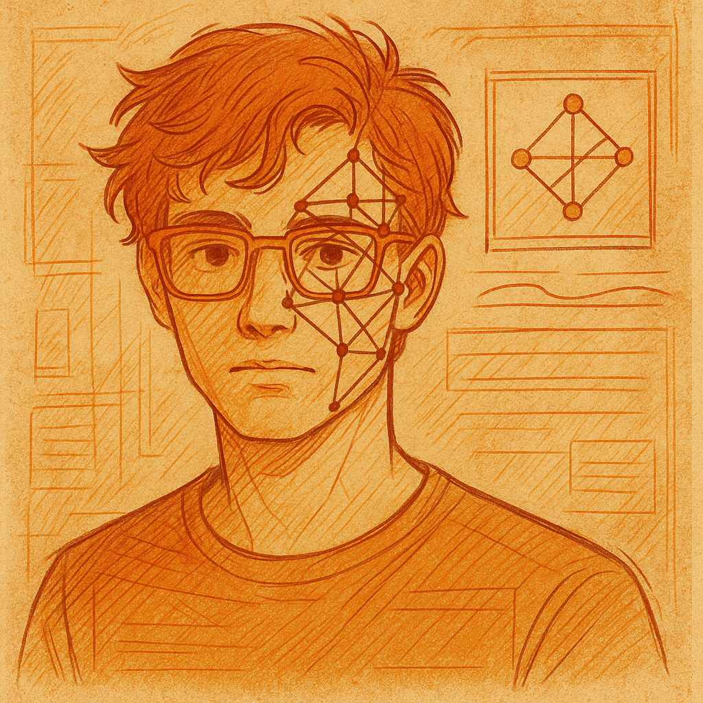 A sketch of a young man wearing glasses, with a serious expression, and geometric designs on his face, set against a background of mathematical or scientific diagrams.