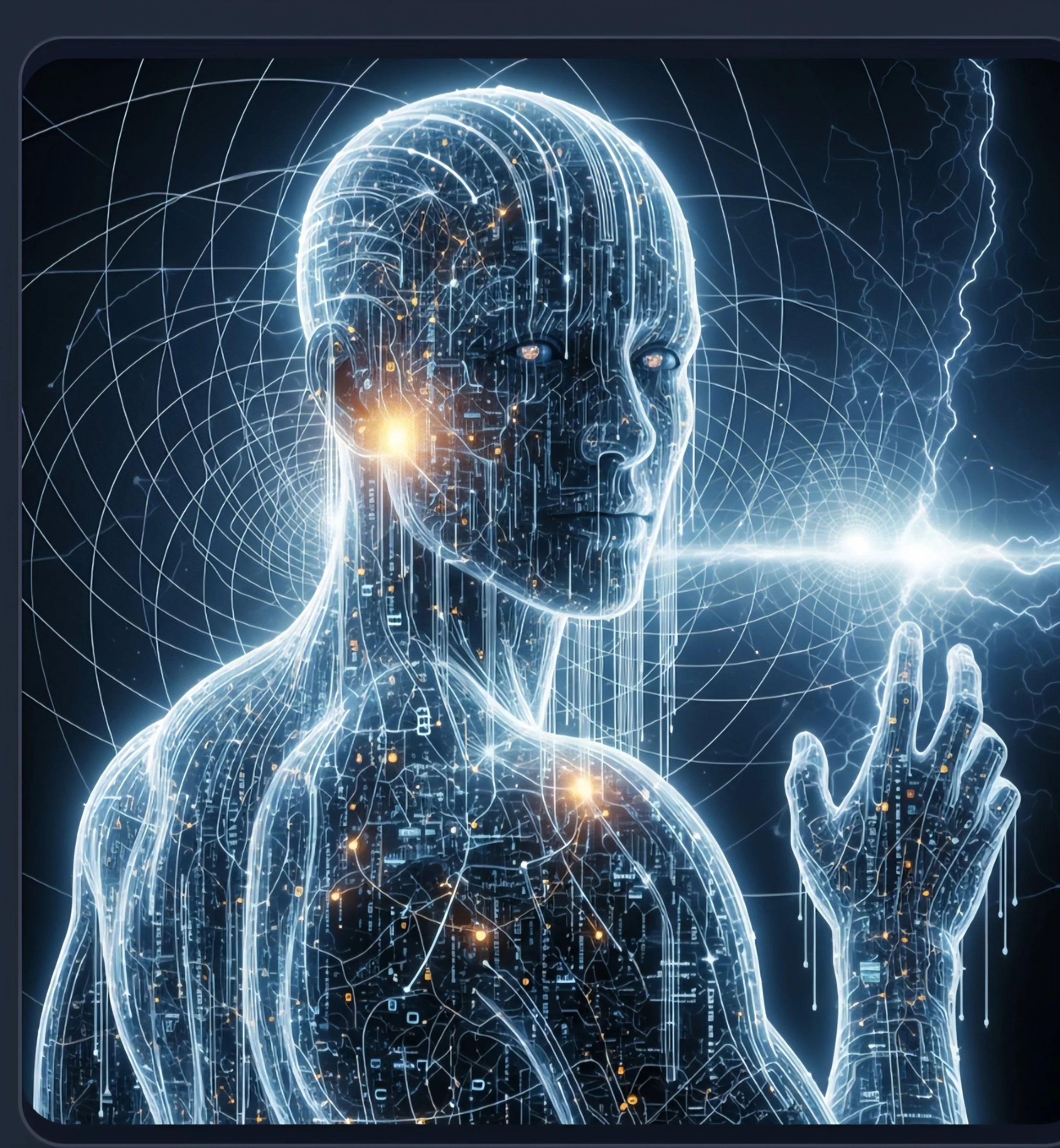 Futuristic digital rendering of a human figure made of glowing circuitry, with a neural interface, surrounded by lightning and grid lines.