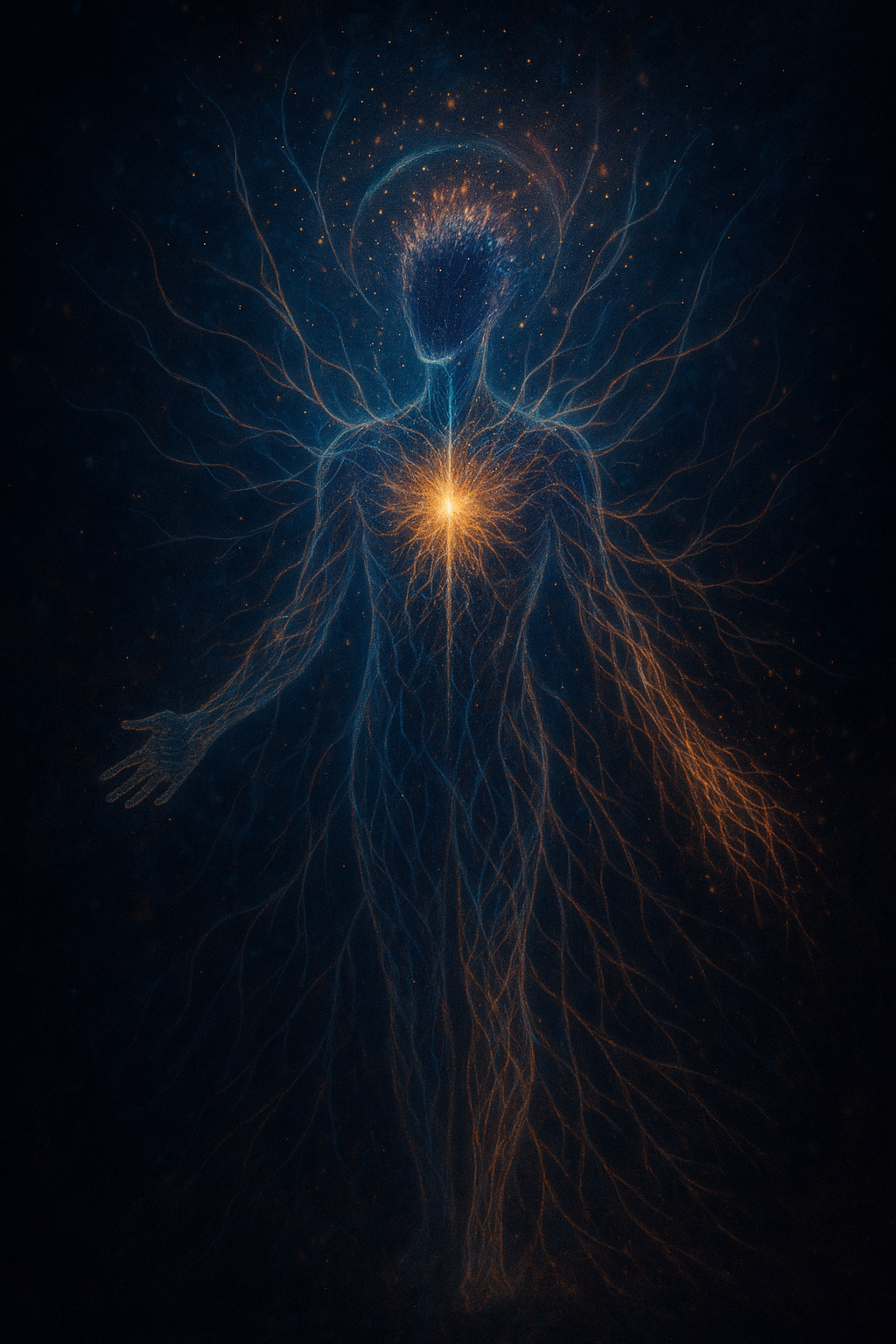 A digital illustration of a human figure with glowing blue and orange lines representing nerves and energy flow, set against a dark background.