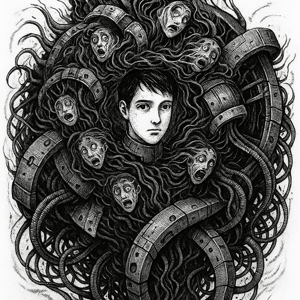Black and white illustration of a young person's face surrounded by tangled wires and robotic parts, with several distorted, frightened human faces within the tangle.