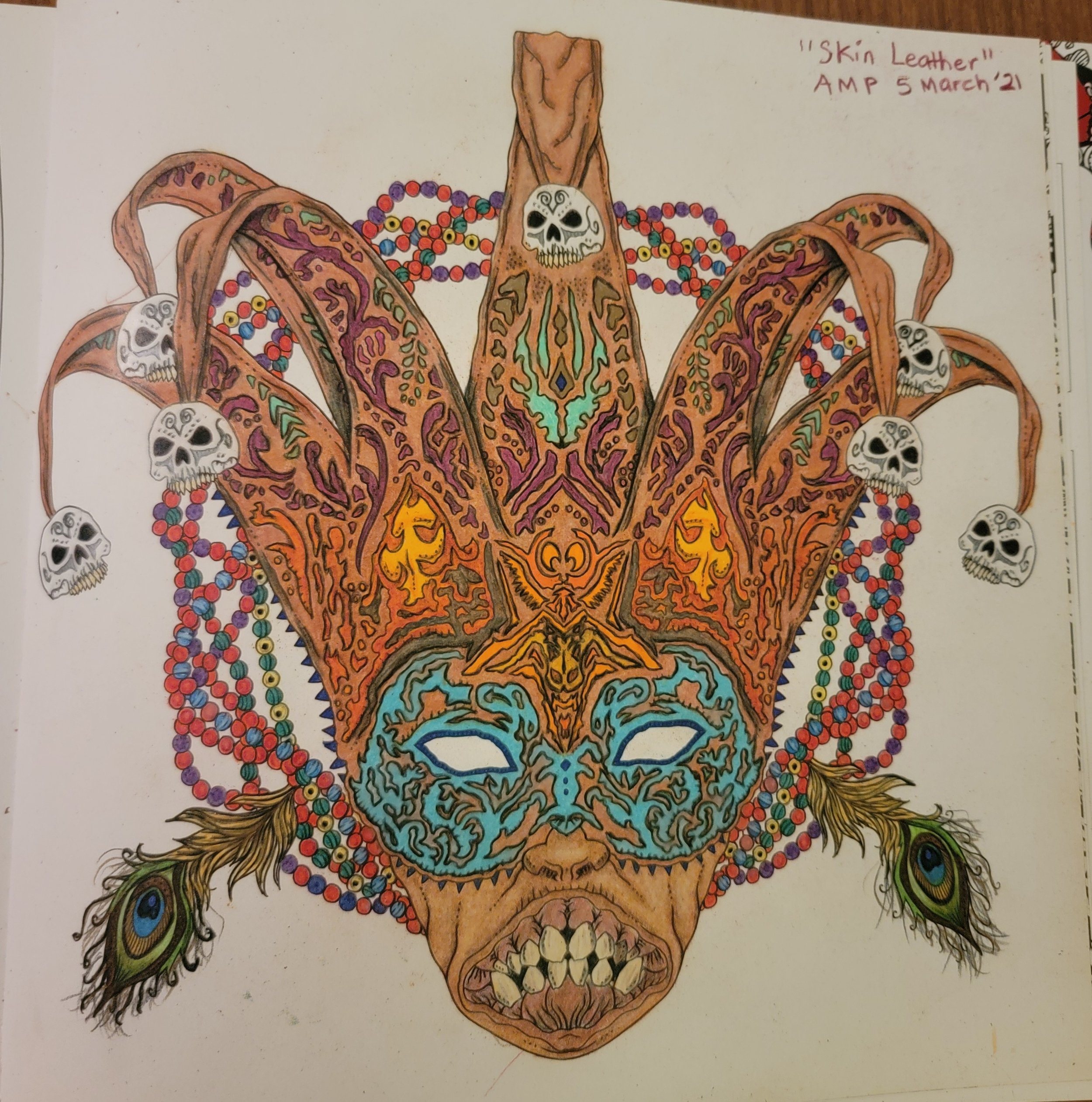 Colorful drawing titled 'Skin Leather' depicting a mask with a combination of animal and human features, including jester-like eyes, peacock feathers, skulls, beads, and intricate patterns.