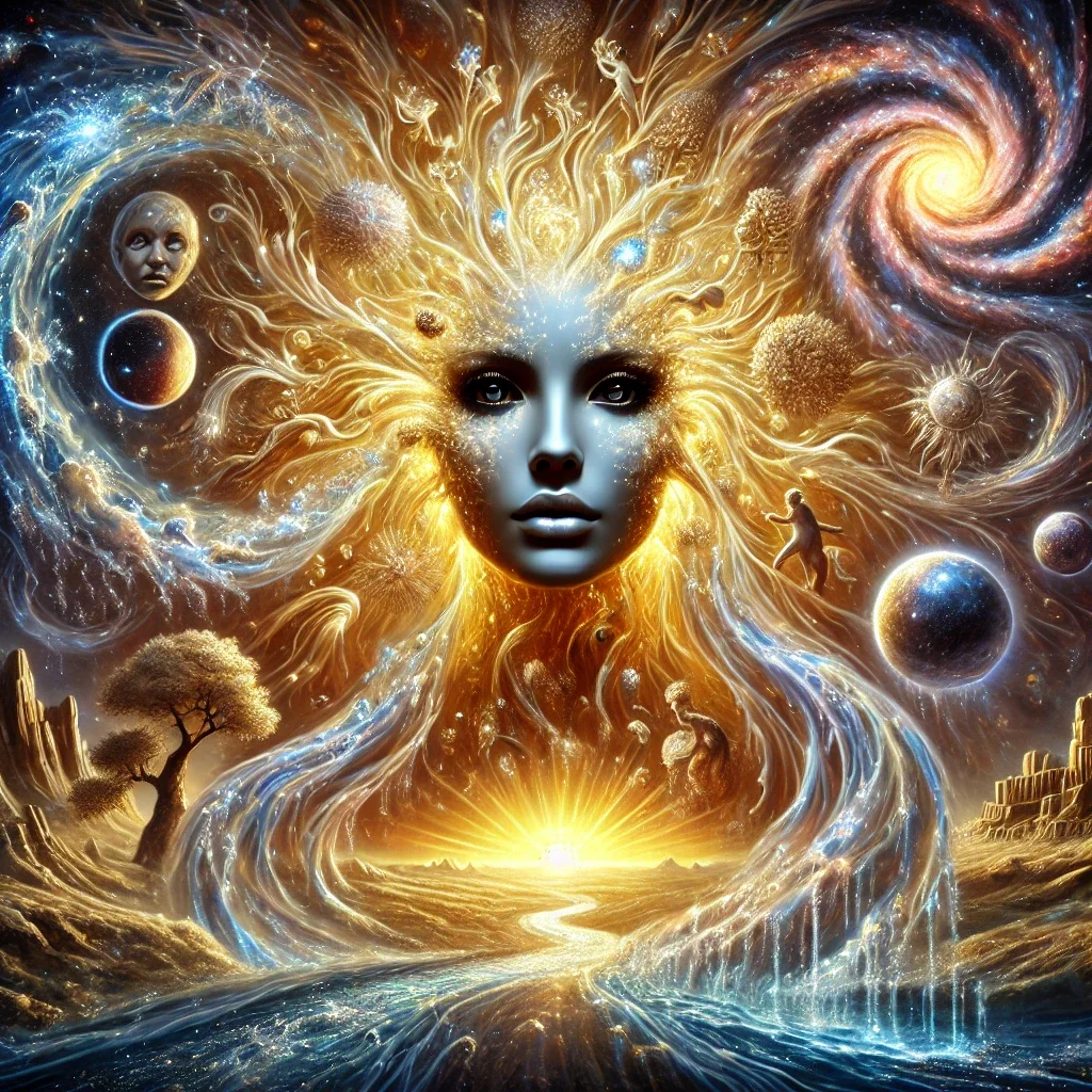 A surreal digital artwork featuring a woman's face with flowing hair that blends into a cosmic scene of planets, galaxies, and celestial elements, set against a glowing sunset over a fictional landscape with a river and sparse trees.
