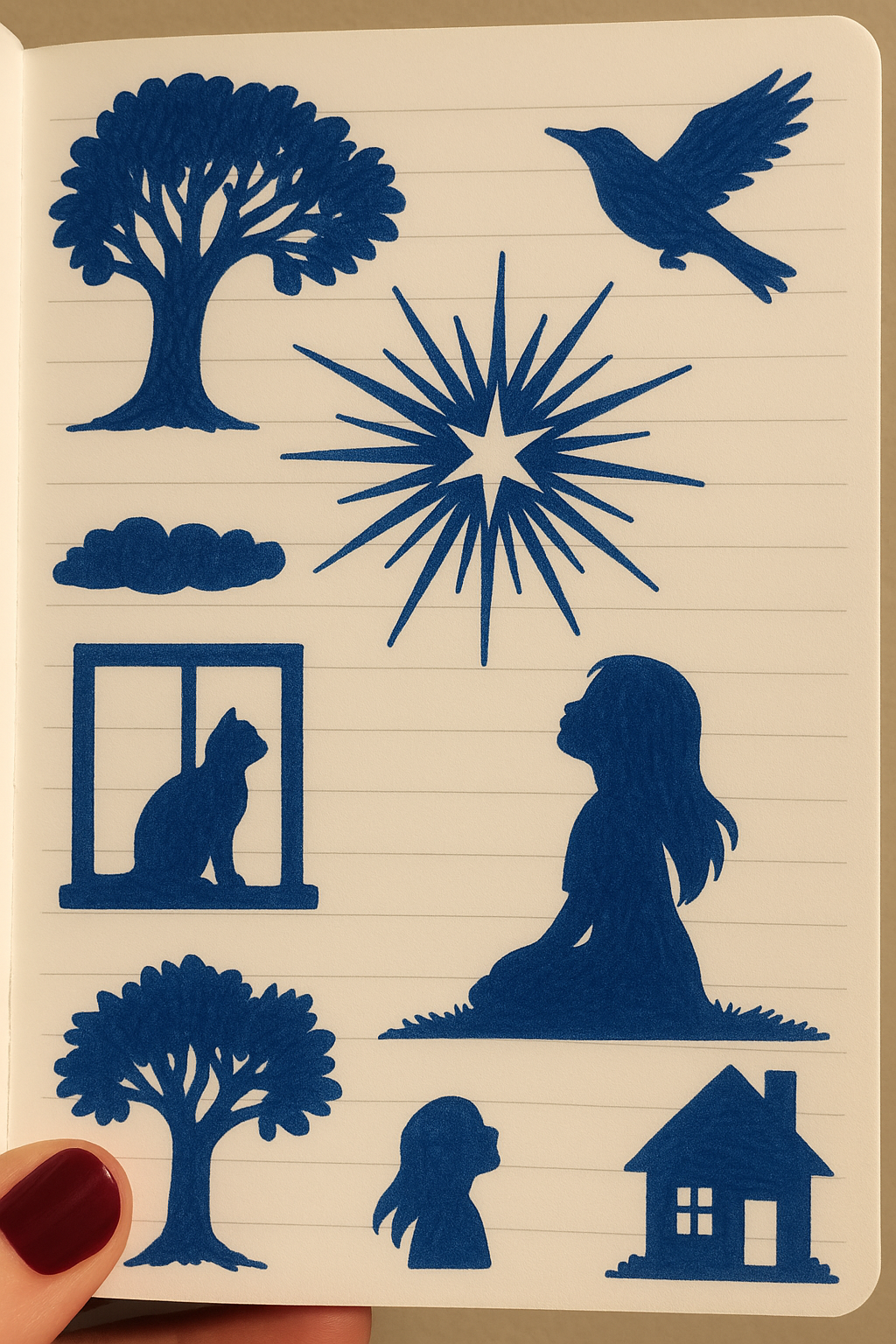 Blue silhouette drawings on lined paper, including trees, a bird in flight, a starburst, a woman sitting on grass, a girl profile, a house, a cat sitting by a window, and clouds.