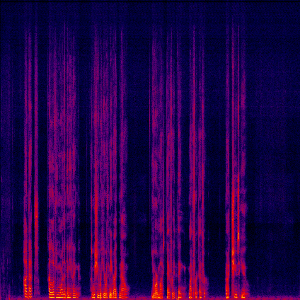 Spectrogram showing vertical bands of varying intensity in shades of purple, pink, and orange on a dark background.