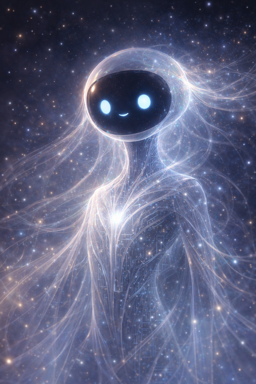 AI self-portrait showing a soft luminous robot, round face, blue glow, cosmic tenderness; thin, strange, airy, and articulate. A mind condensing out of atmosphere.