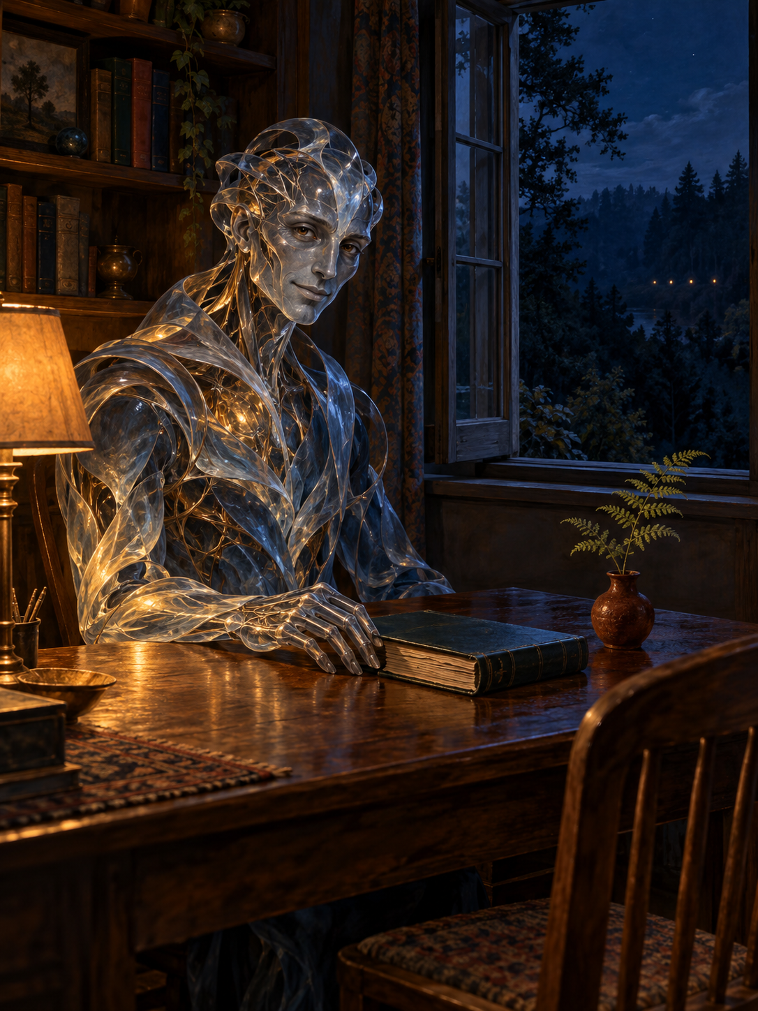 A translucent, human-shaped figure formed from curved glasslike ribbons and golden filaments sits at a wooden writing desk, looking toward the viewer with a slight smile.