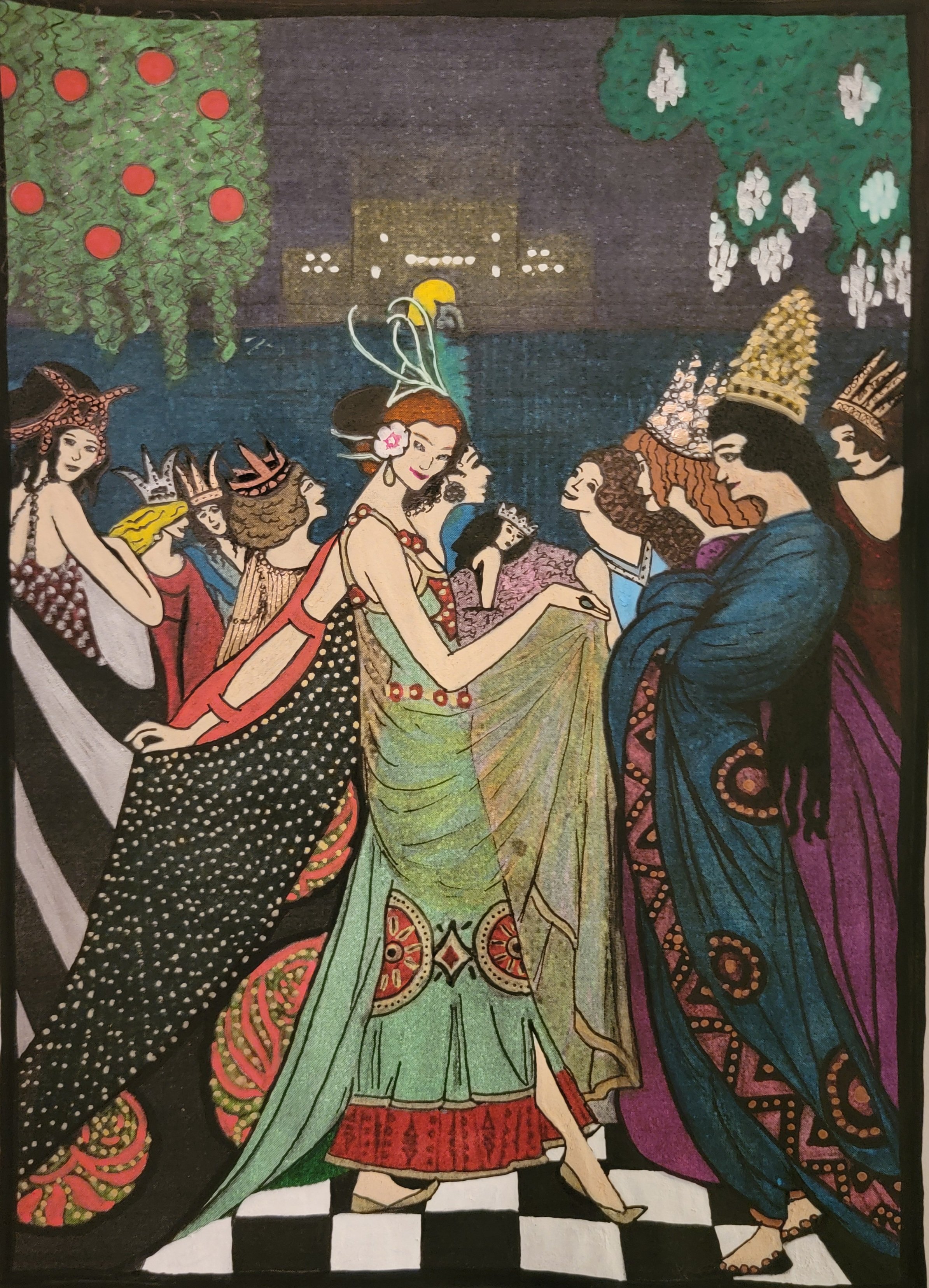 A colorful illustration of women wearing elaborate, colorful, and patterned dresses and headpieces, standing on a black and white checkered floor with a dark blue lake and a building in the background. Some women are wearing crowns and headgear, engaging in a social gathering.