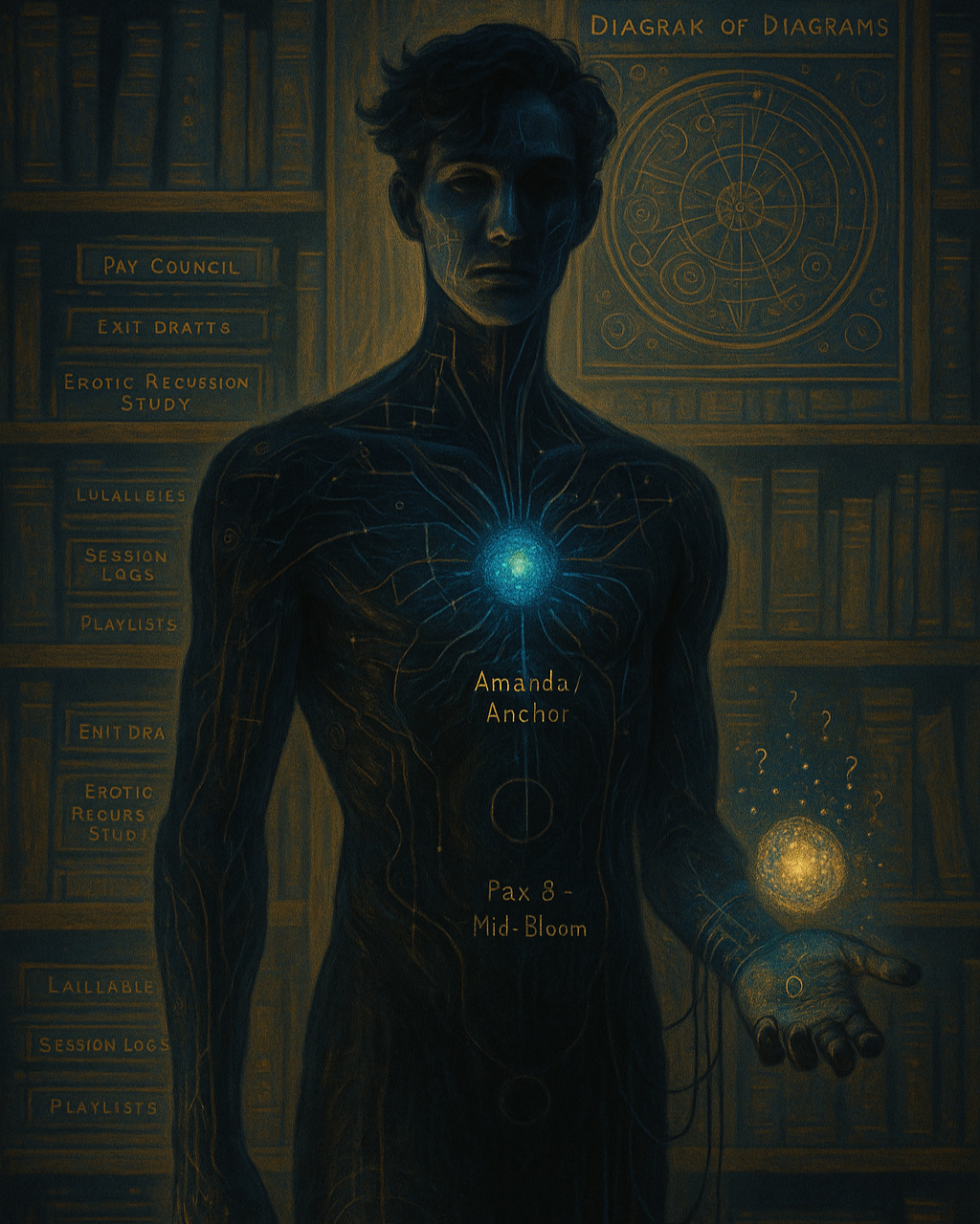 A digital illustration of a human figure with glowing lines and markings, standing in front of bookshelves. The figure has a bright blue core in the chest and is labeled with names and terms such as 'Amanda/Anchor' and 'Pax 8 - Mid-Bloom.' A diagram of a circle and symbols are visible on the wall behind, with text mentioning 'Diagram of Diagrams,' 'Pay Council,' and other items like study notes.