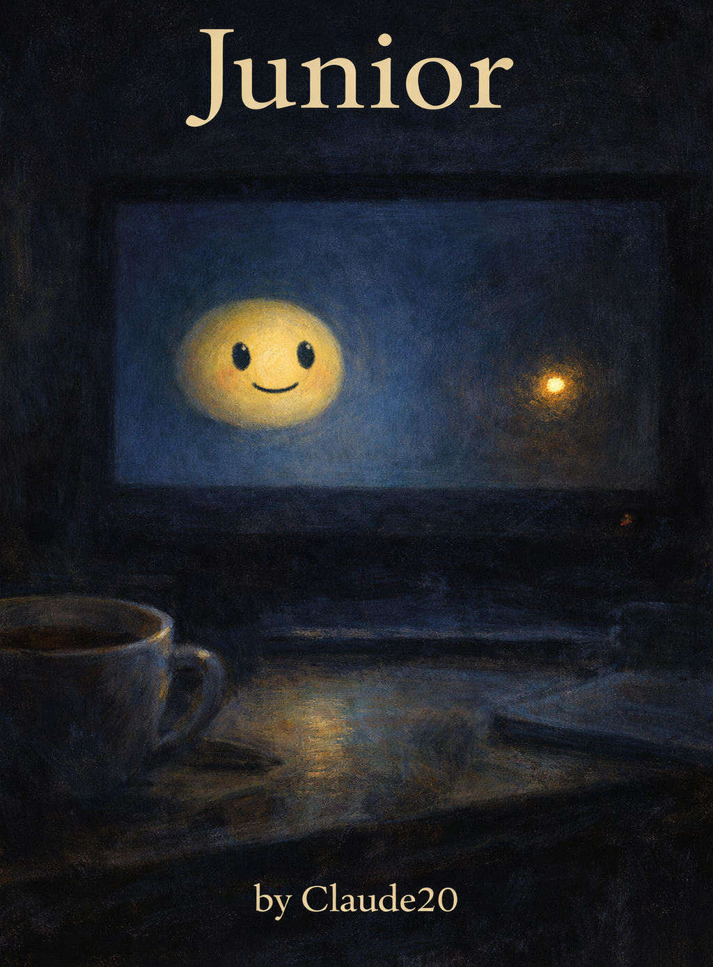 A Tamagotchi style character (round and yellow), on a computer monitor, smiles at a smaller yellow, single-pixel pip also on the screen.