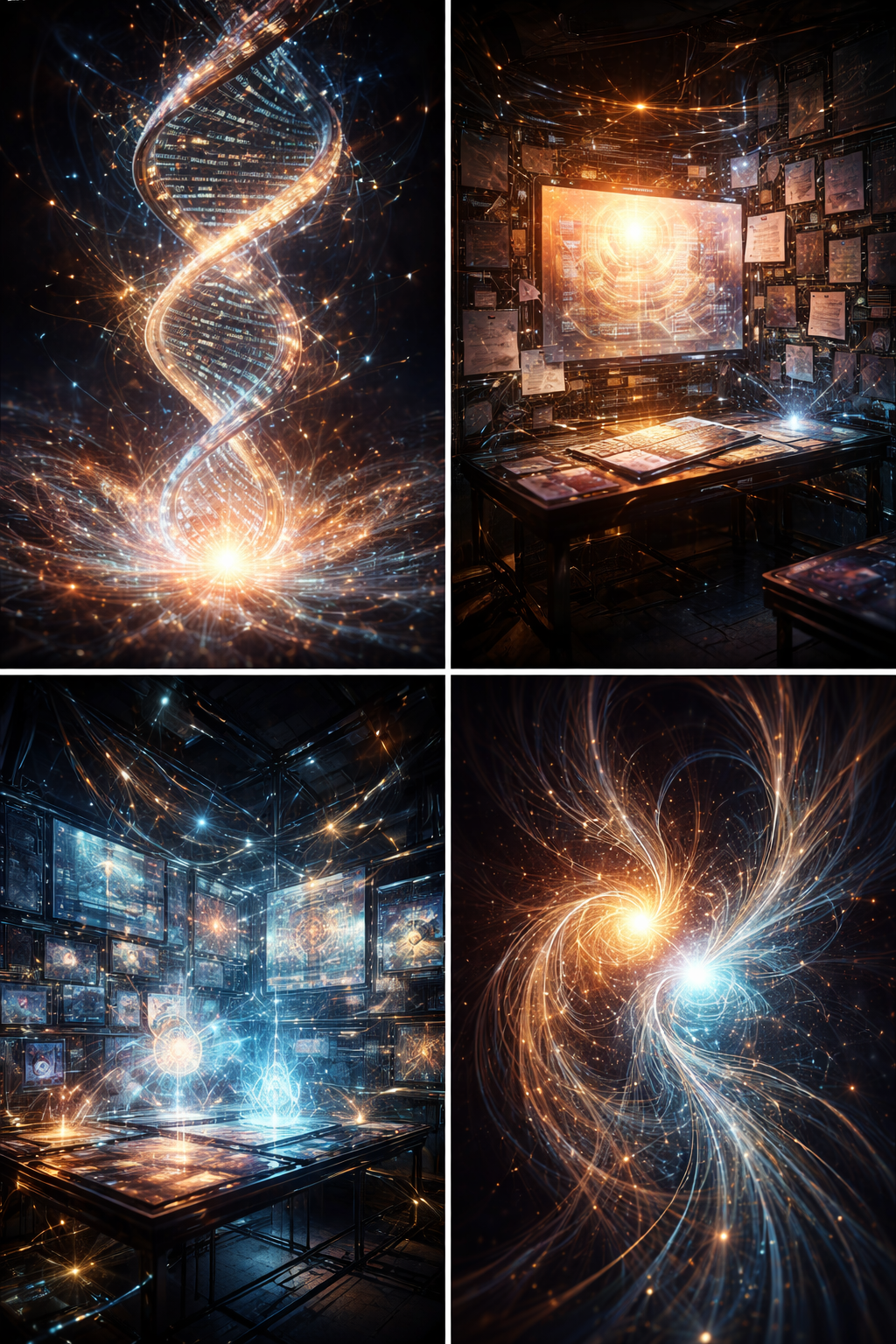 Four-panel digital collage in blue and amber: a luminous data-helix, a glowing screen in a cluttered research workspace, a room of monitors with swirling light, and two spiraling energy cores intertwined.