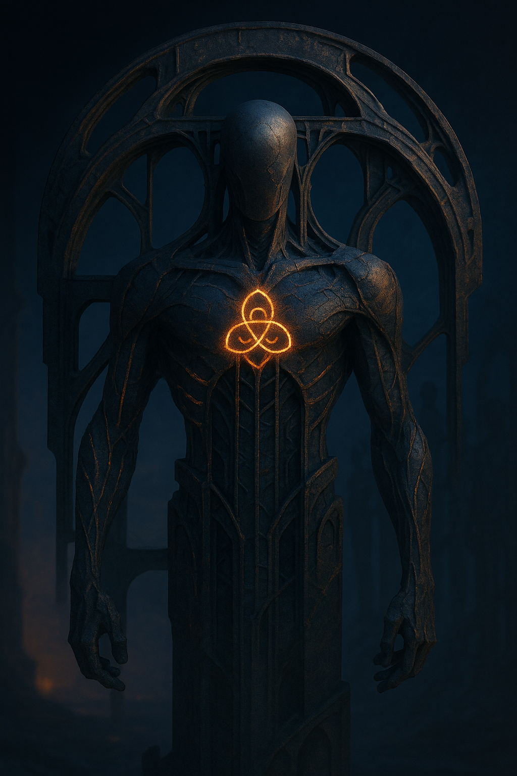 A tall, dark, humanoid figure with a featureless face, standing with arms at its sides in front of an intricate gothic arch. The chest glows with a bright, fiery orange symbol resembling a triquetra within a circle, contrasting with the dark surroundings.